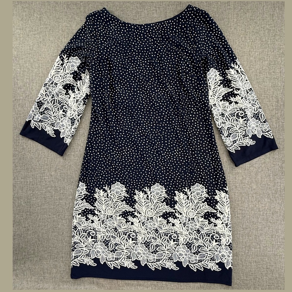 EnFocus Studio Pullover Dress Navy & White Size 6 Floral Boat Neck‎ Stretchy